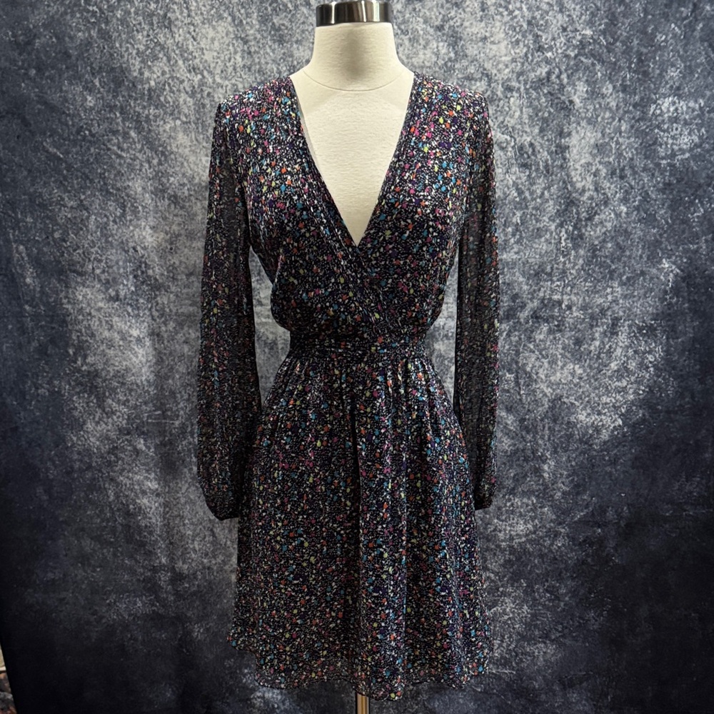 Diane Von Furstenberg rainbow confetti black v neck silk dress
